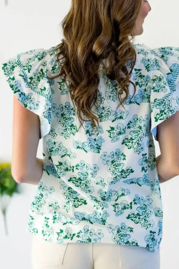 Floral Meets Stripes V Neck Flutter Sleeve