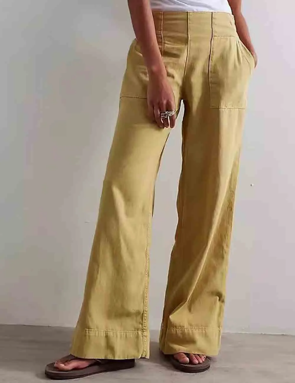 Elastic Waist Pocket Wide Leg Denim Pants