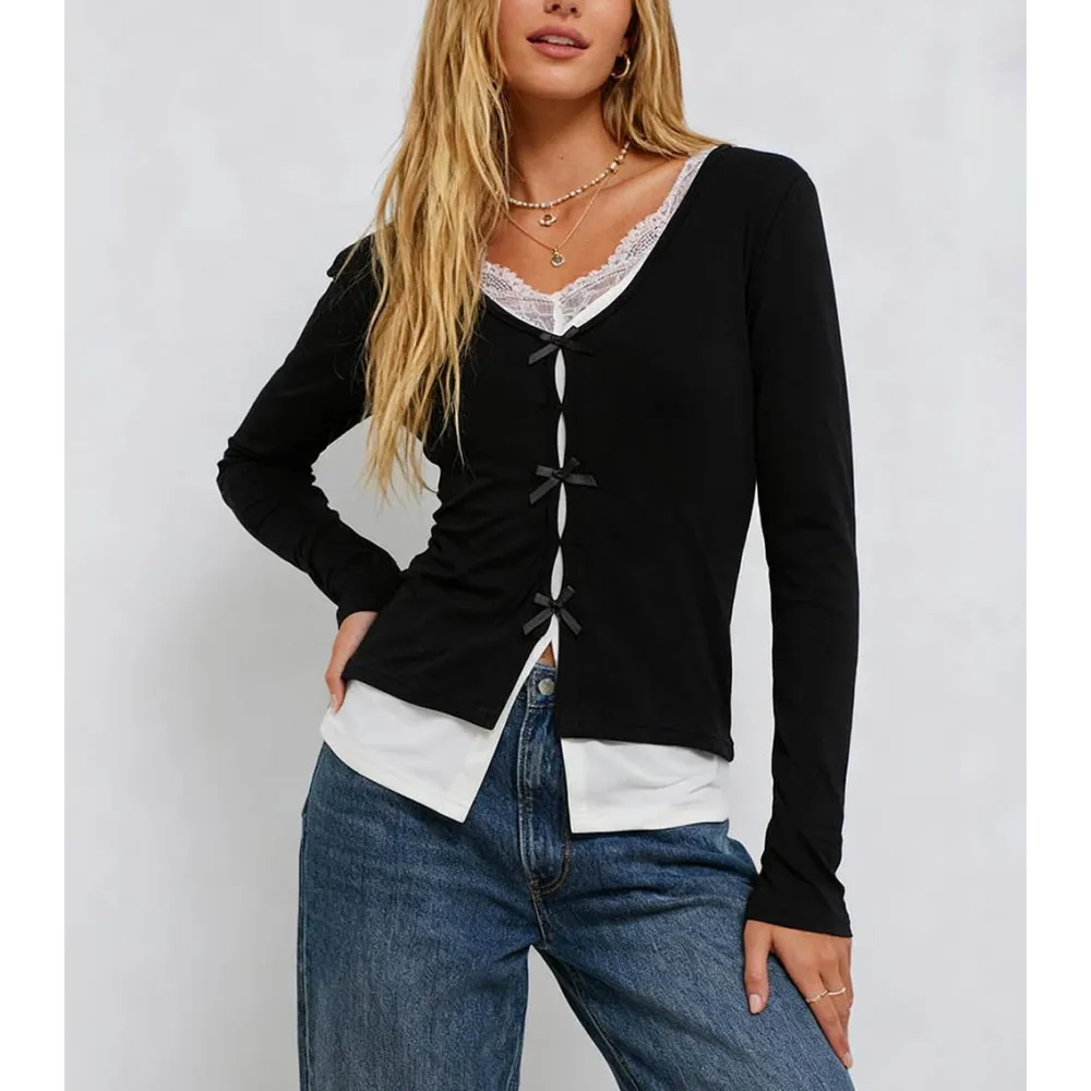 Chic Lace V Neck Bow Front Long Sleeves Top