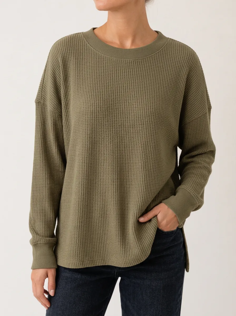 Easygoing Layered Waffle Knit Long Sleeve Crewneck Top