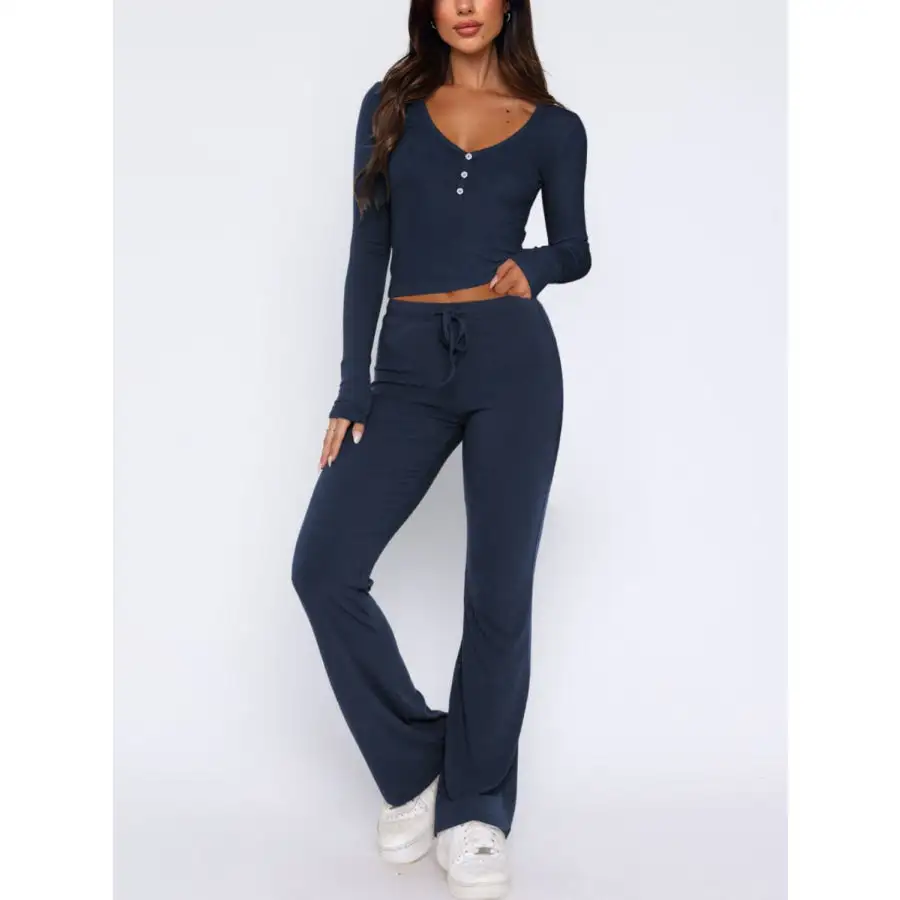 V Neck Long Sleeve Top and Pants Set