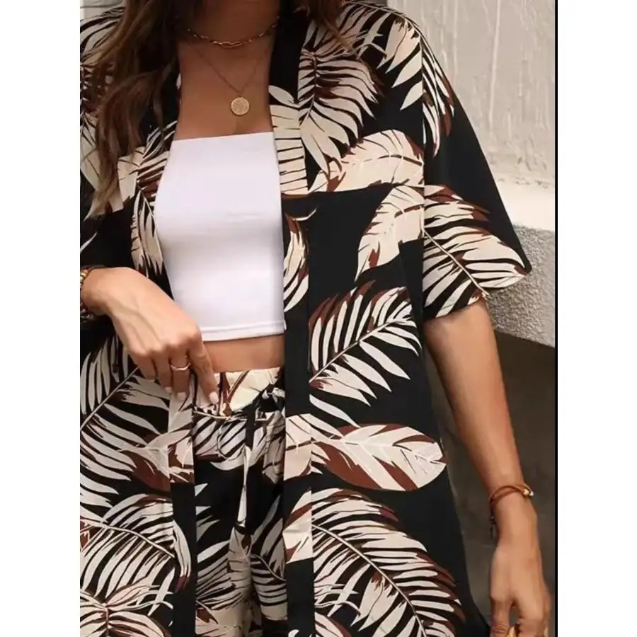 Printed Open Front Cardigan and Shorts Set