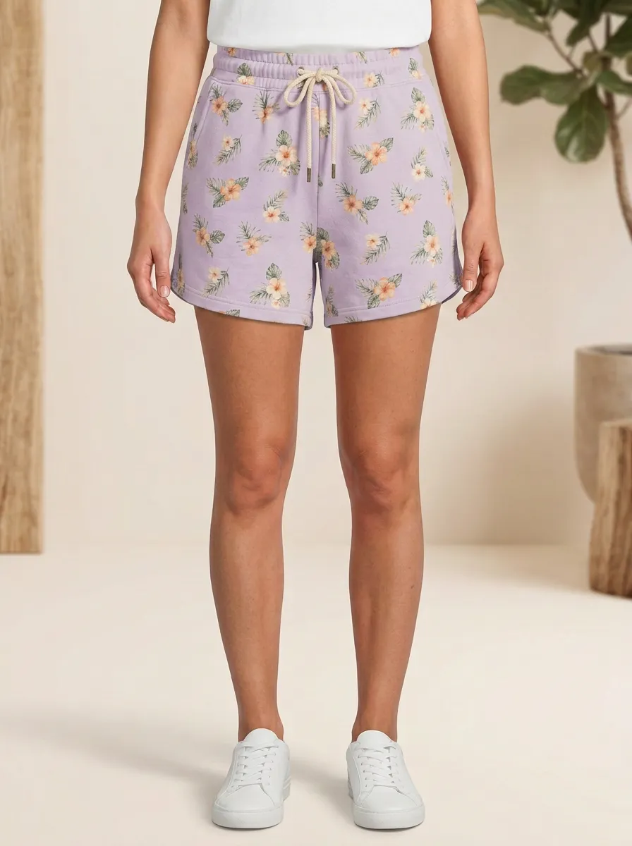 Women's Floral Tropical Drawstring Elastic-Waist Printed Sweat Shorts