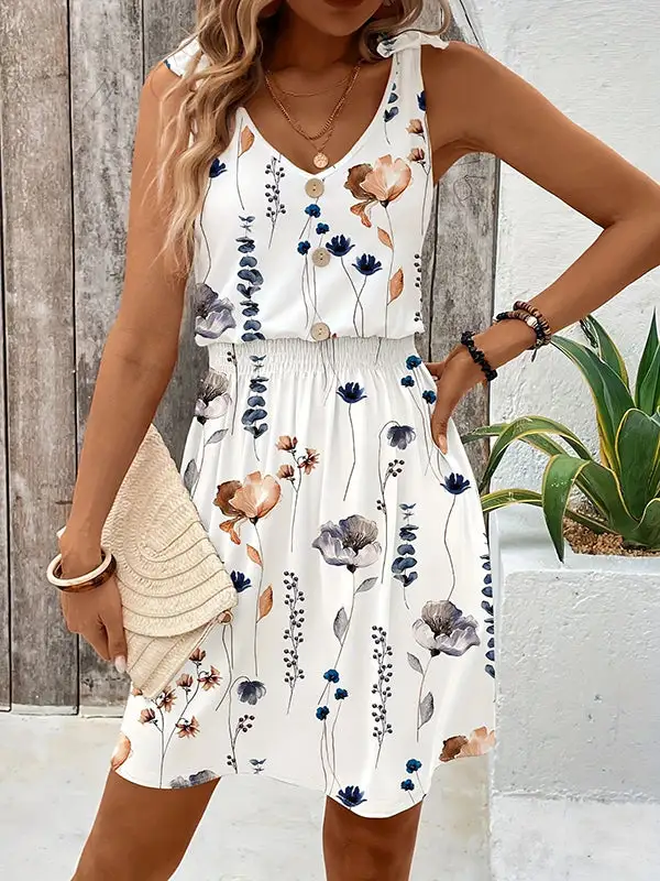 Relaxed Sleeveless Buttoned Elasticity Flower Print Tied V Neck Mini Dress