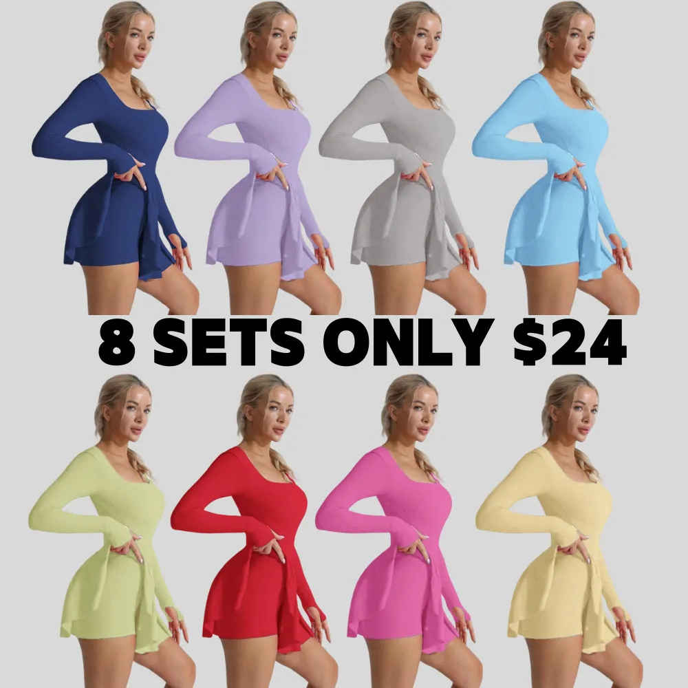 Women's Solid Criss Cross Backless 2 in 1 Sports Dress, Long Sleeve Square Neck Tennis Dress, Ladies Sportswear for Indoor Outdoor Wear