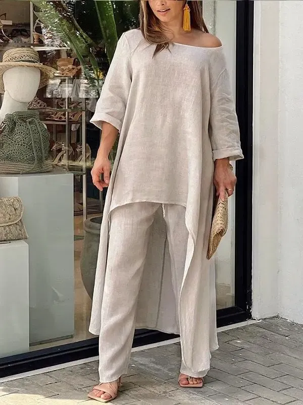 Women's Cotton and Linen Fashion Casual Large Size Irregular Long Sleeve Suit Wide Leg Pants Two-piece Set
