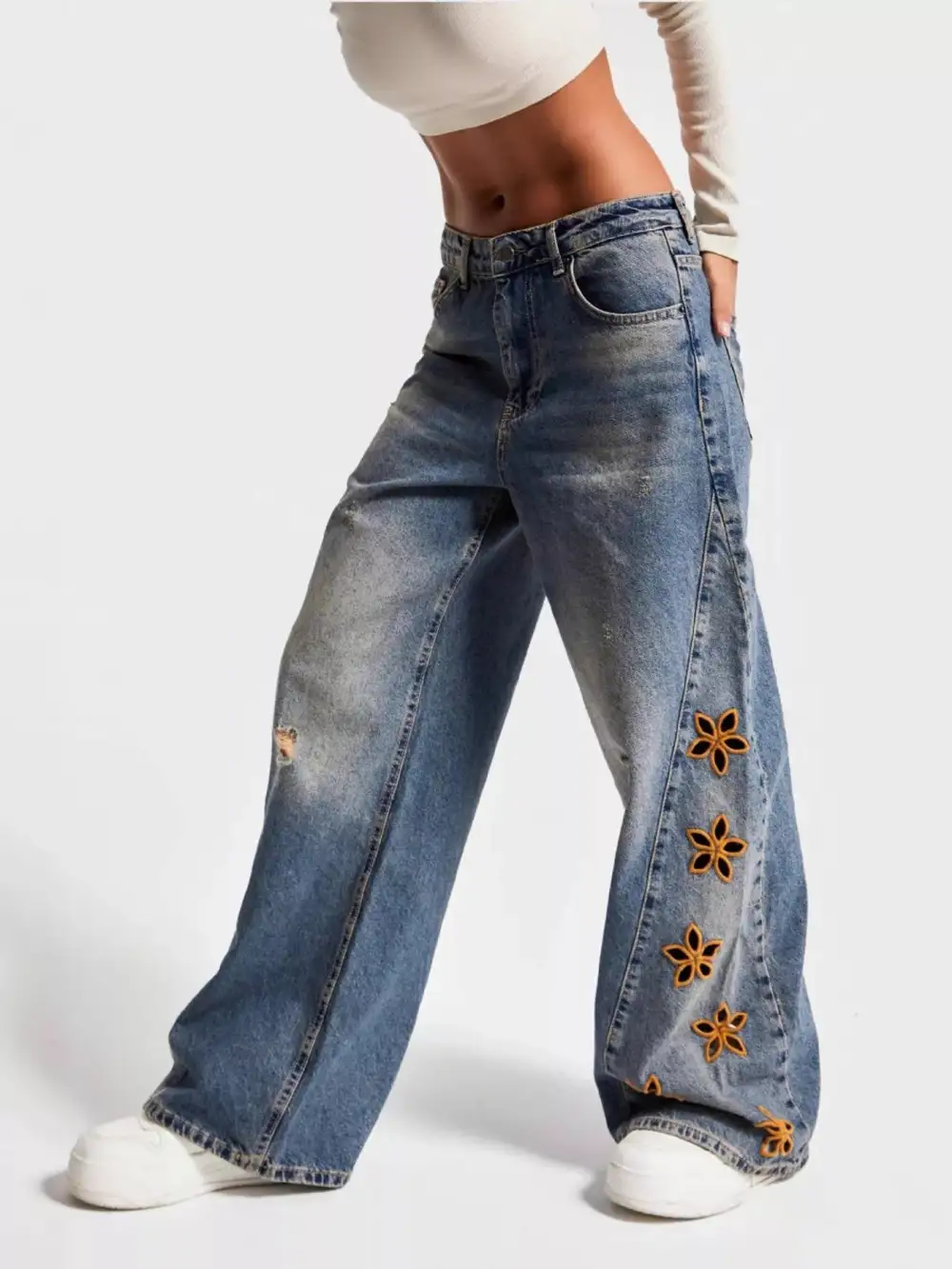 Wide Leg Embroidered Denim Jeans