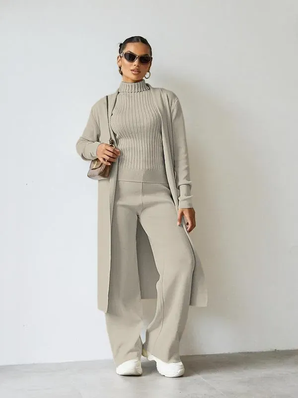 Trendy Knit Turtle Neck Tank & Wide Leg Trousers With Open-Front Long Cardigan Three-Piece Sets