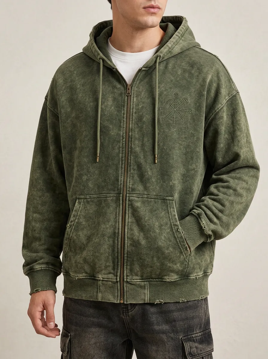 Men's Viking Compass Rune Acid Wash Printed Zip Up Hoodie