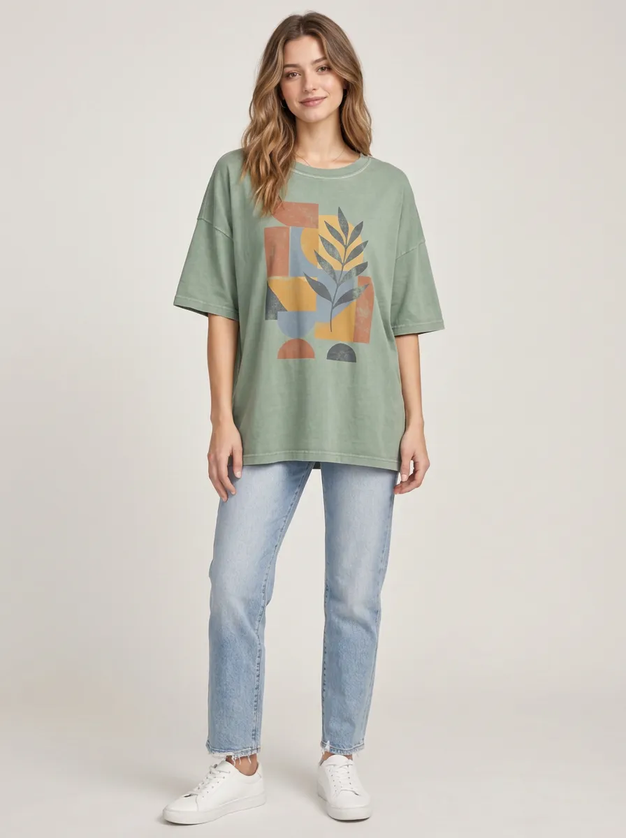 Women's Boho Art Leaf Geometric Daily Printed Tee