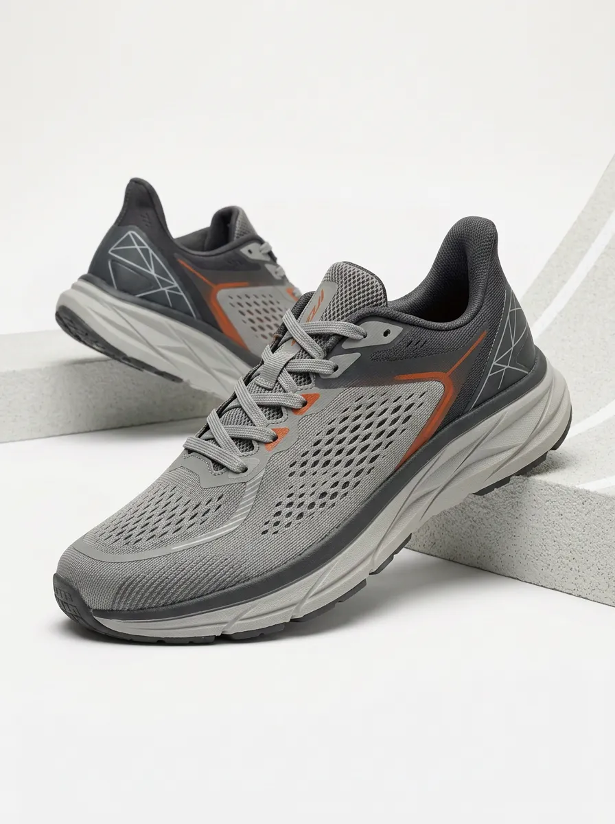 Men's Grey Orange Geometric Mesh Printed Running Shoes