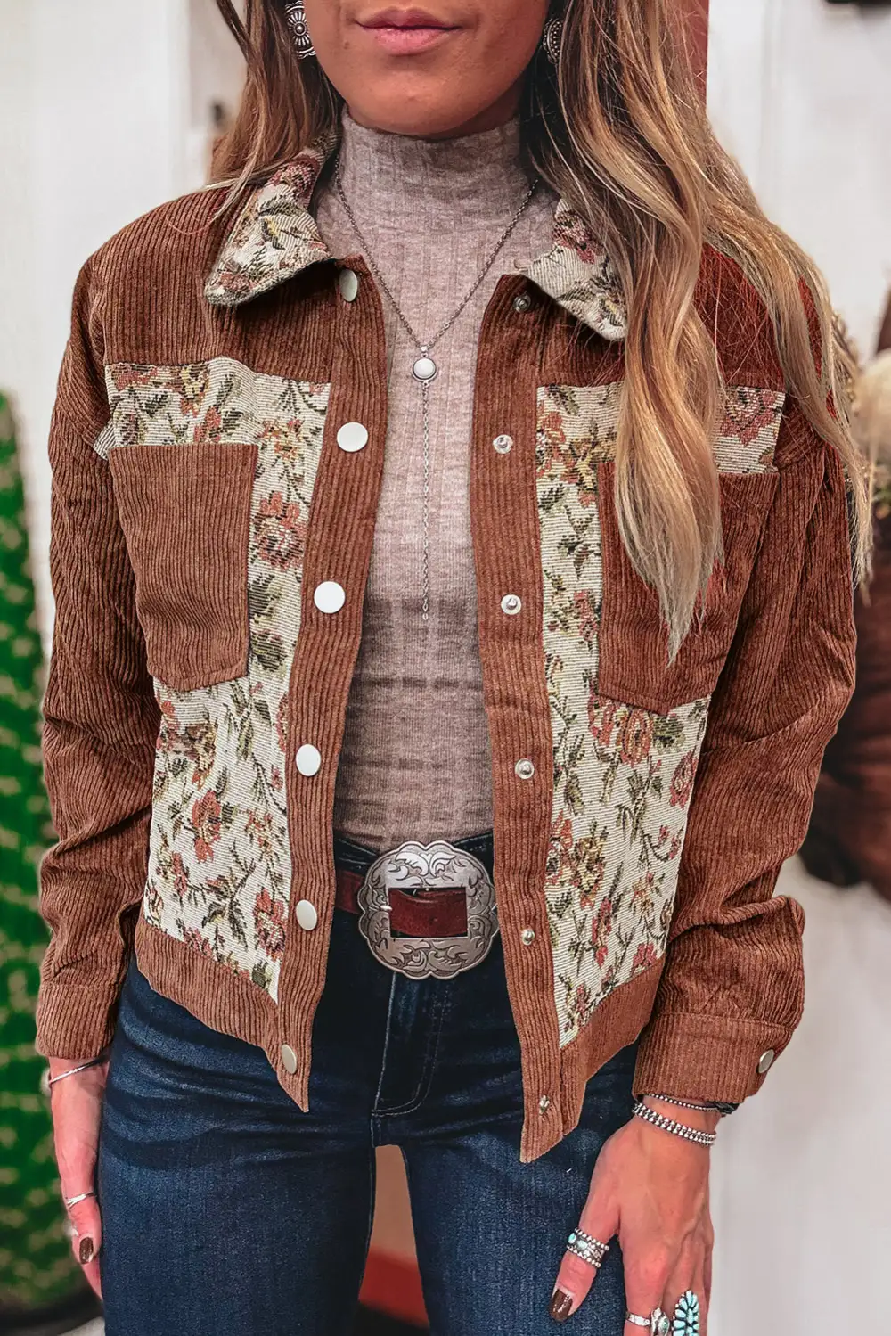 Clay Ribbed Retro Floral Patchwork Shirt Jacket
