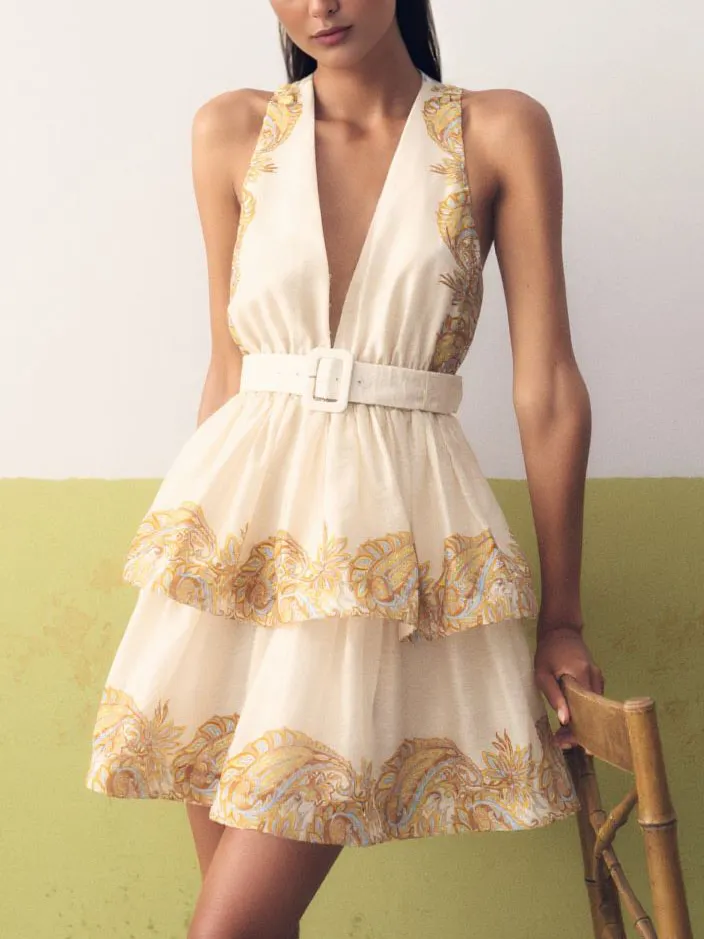 Paisley Print Sleeveless Neck Ruffle Mini Dress