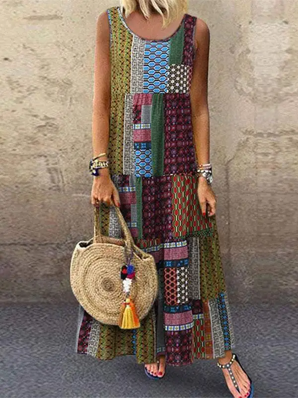 Casual Loose Sleeveless O-neck Vest Dress Irregular Print Sundress