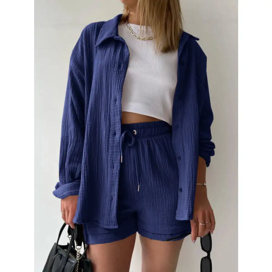 Relaxed Textured Button Up Shirt and Shorts Set