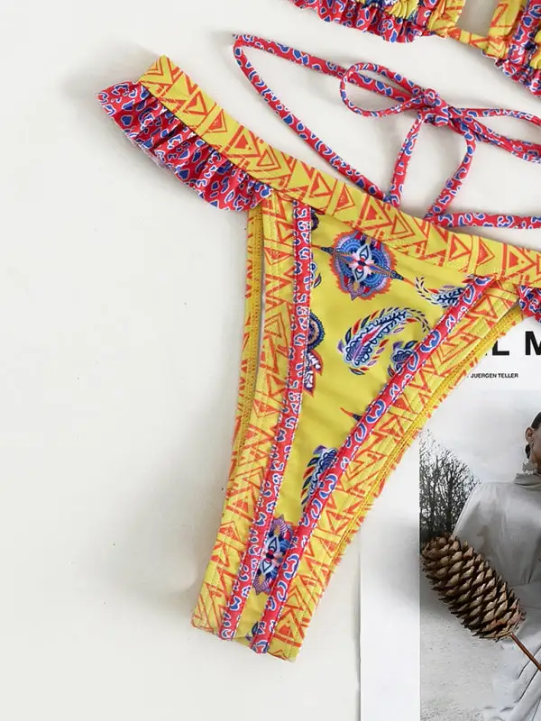 Ethnic Print Halter Neck Tie Bikini Swim Set