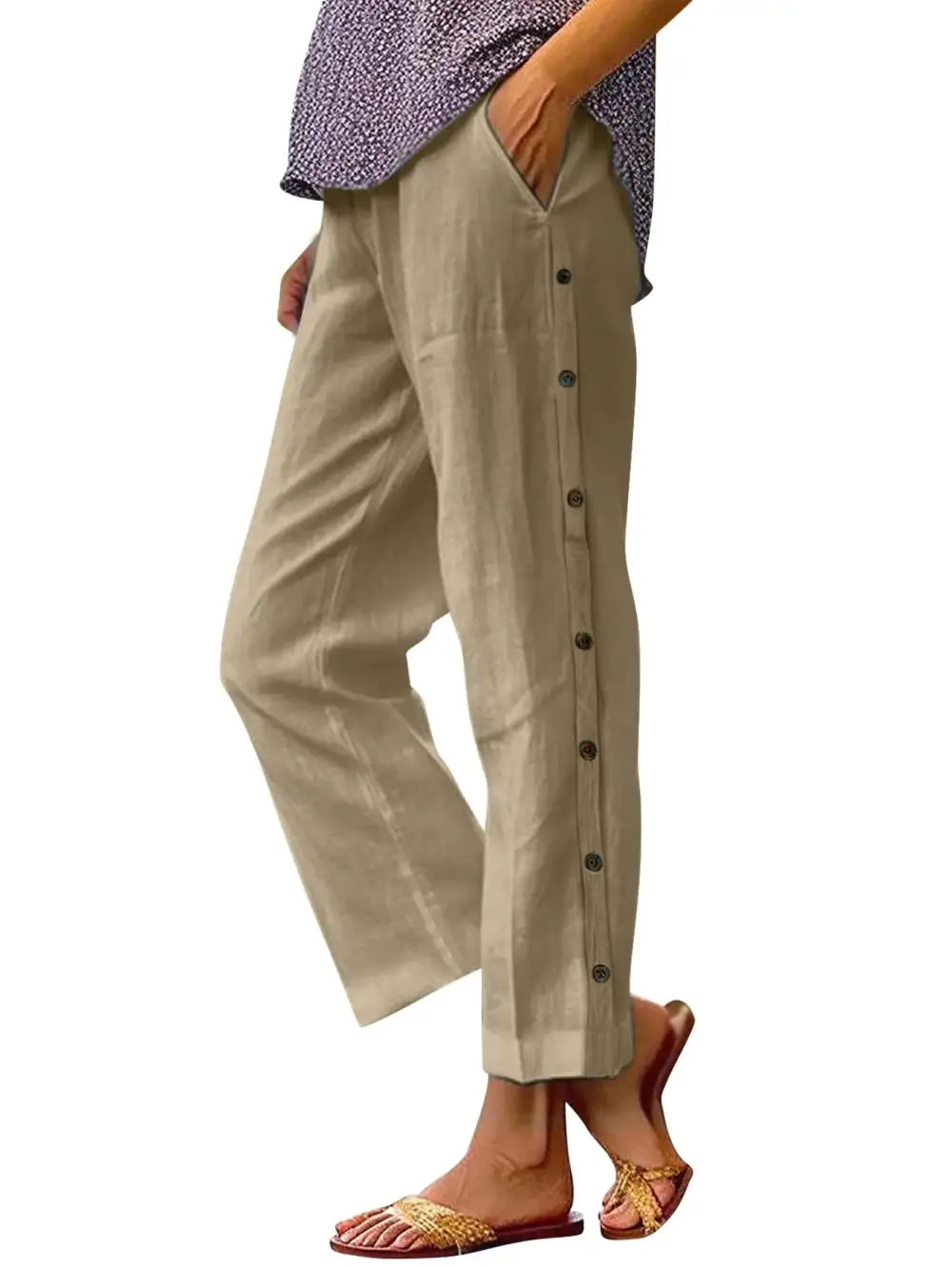 Side Decor Button Casual Wide Leg Pants
