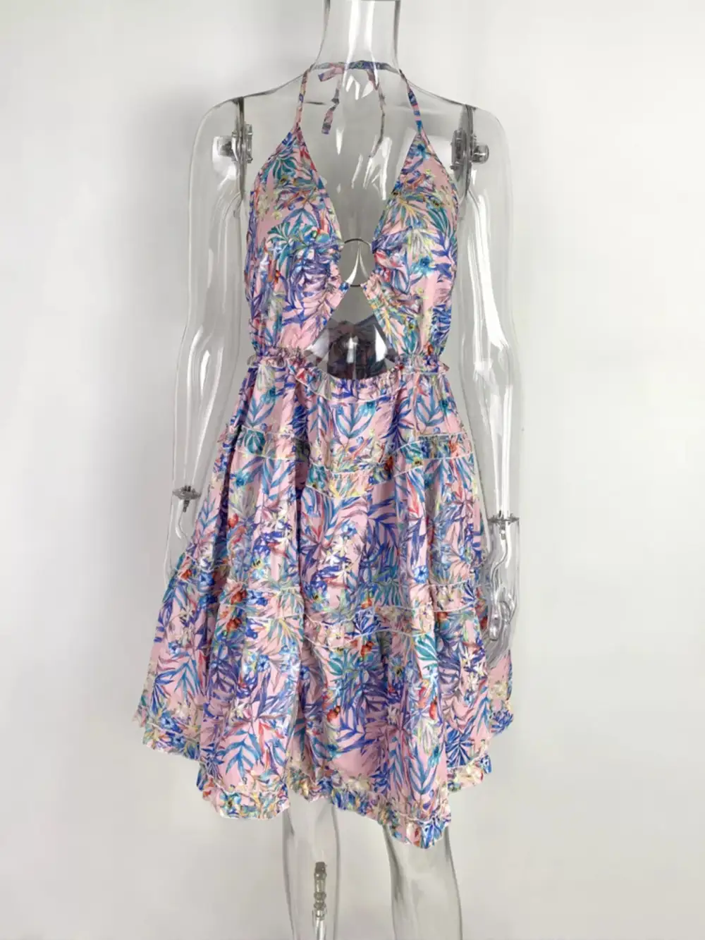 Colorful Print Halter Neck Ruffle Mini Dress