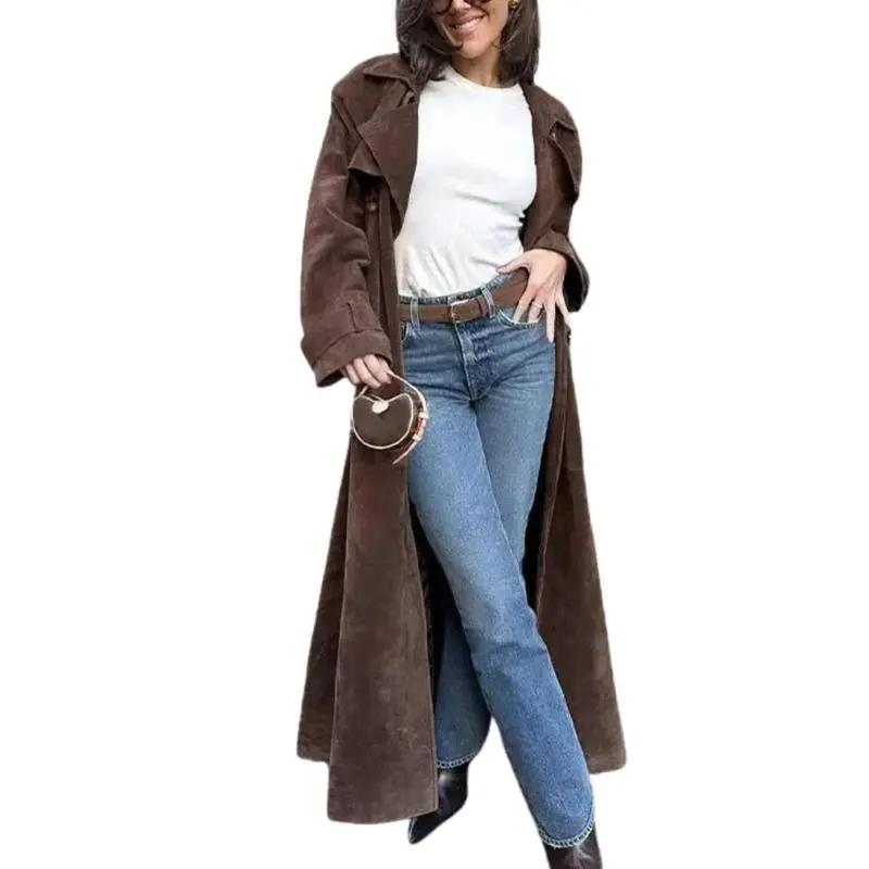 Women's Autumn And Winter Faux Suede Long Trench Coat Notched Lapel Double-Breasted Long Coat With Belt Casual Longline Outerwear Womenswear Jackets
