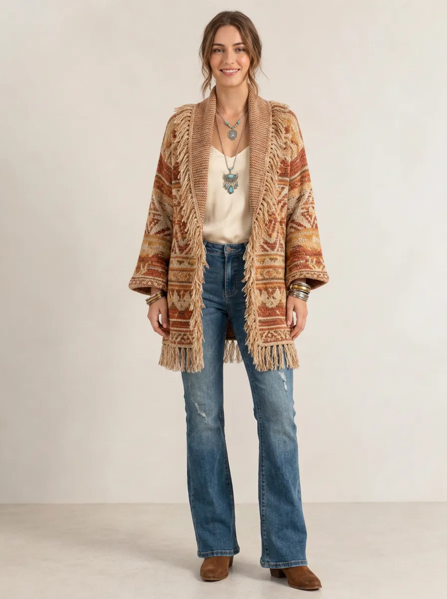 Women's Rust Multi Patterned Fringe Open Cardigan