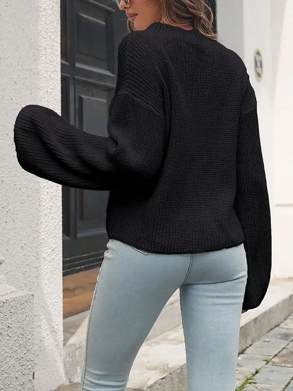 Openwork Paneled Round Neck Long Sleeve Relaxed Fit Sweater