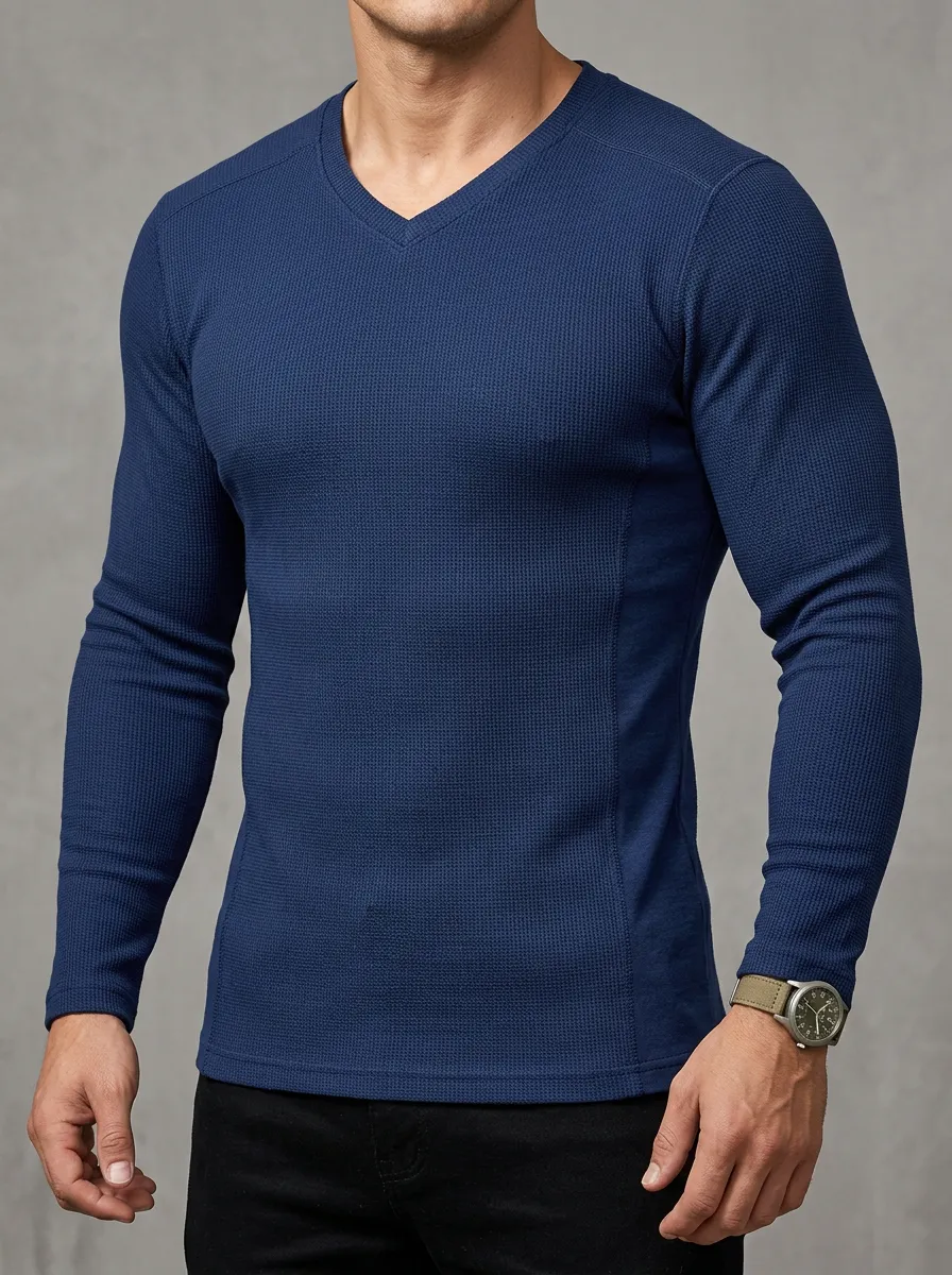 Men's Casual Minimalist Waffle Knit V-Neck Long Sleeve T-Shirt