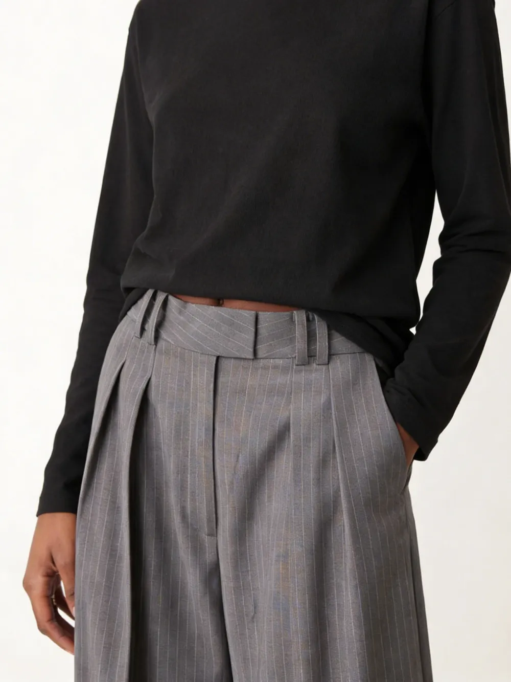 Pinstripe Pleated Wide-Leg Pants