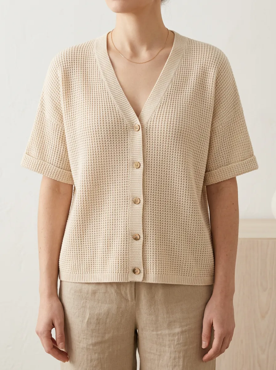 Women's Relaxed Button-Down Waffle Knit T-Shirt