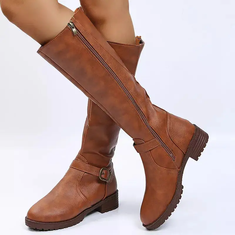 Polished Round Toe Block Heels Boots
