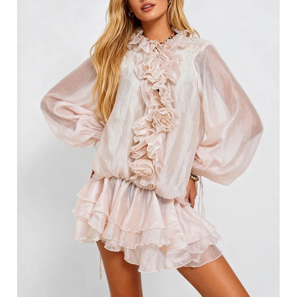 Ruffle Neck Sheer Chiffon Tiered Mini Dress