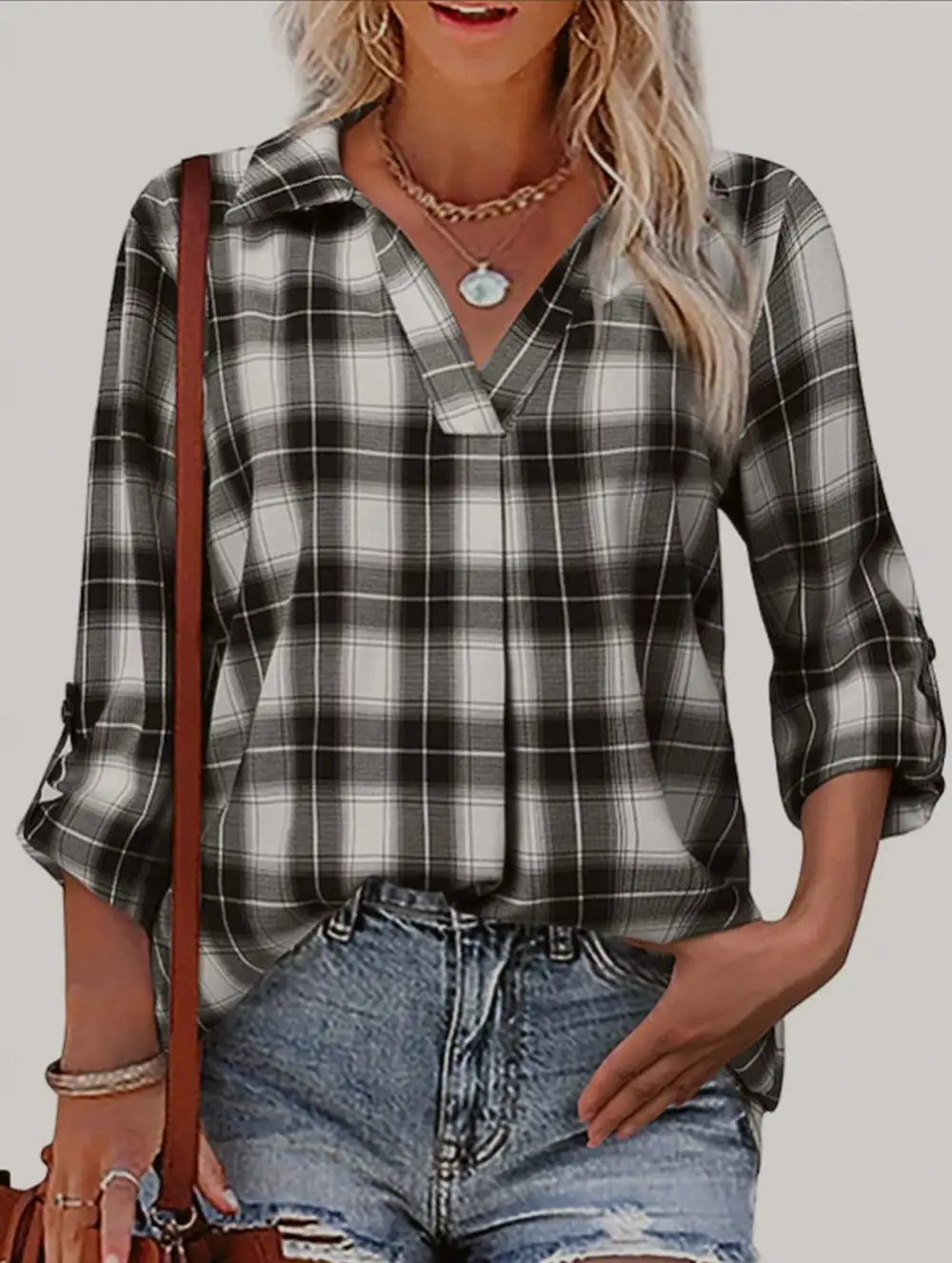 V-Neck Lapel Loose-Fitting Plaid Shirt