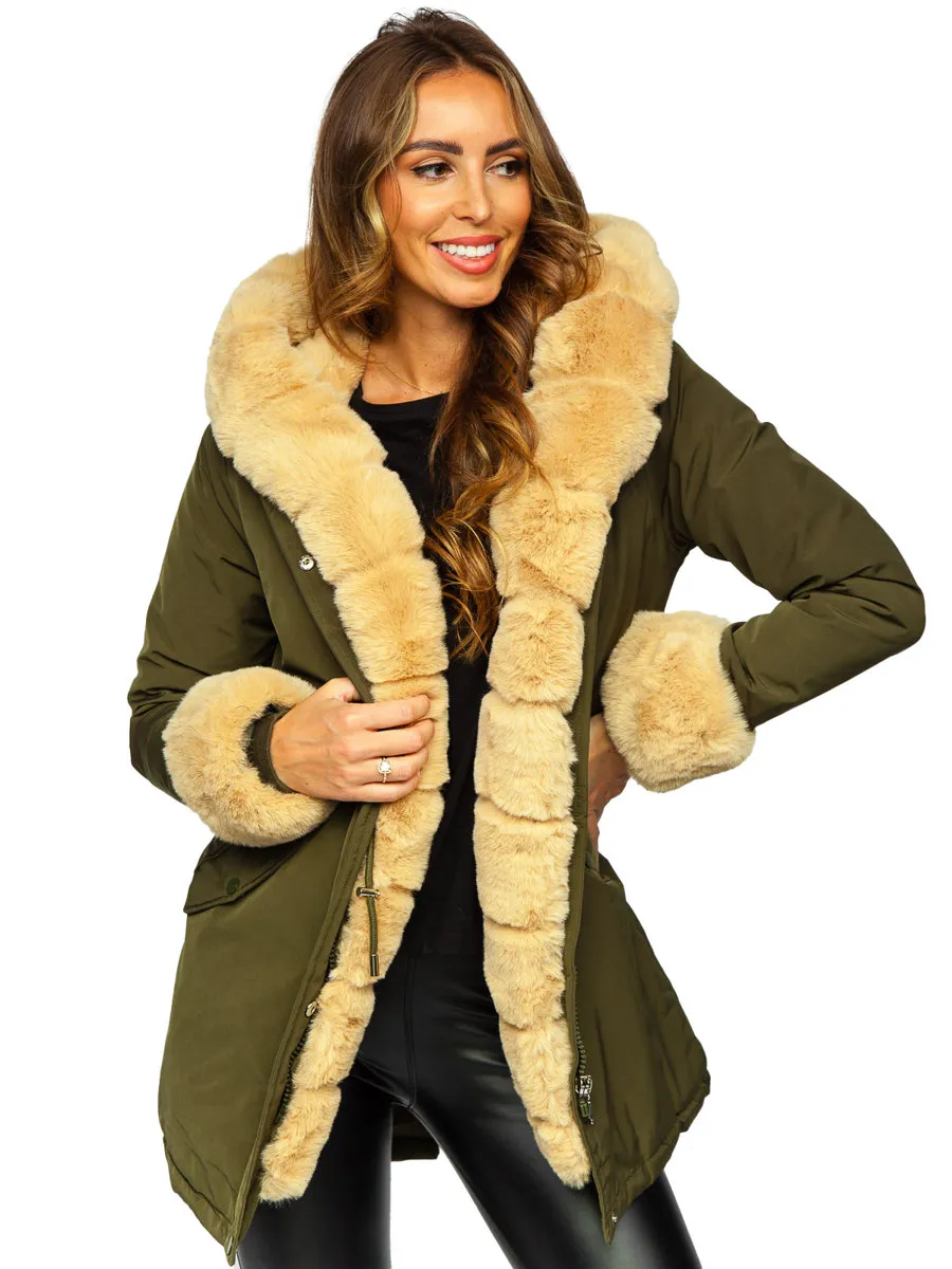 Khaki women's winter parka jacket with hood