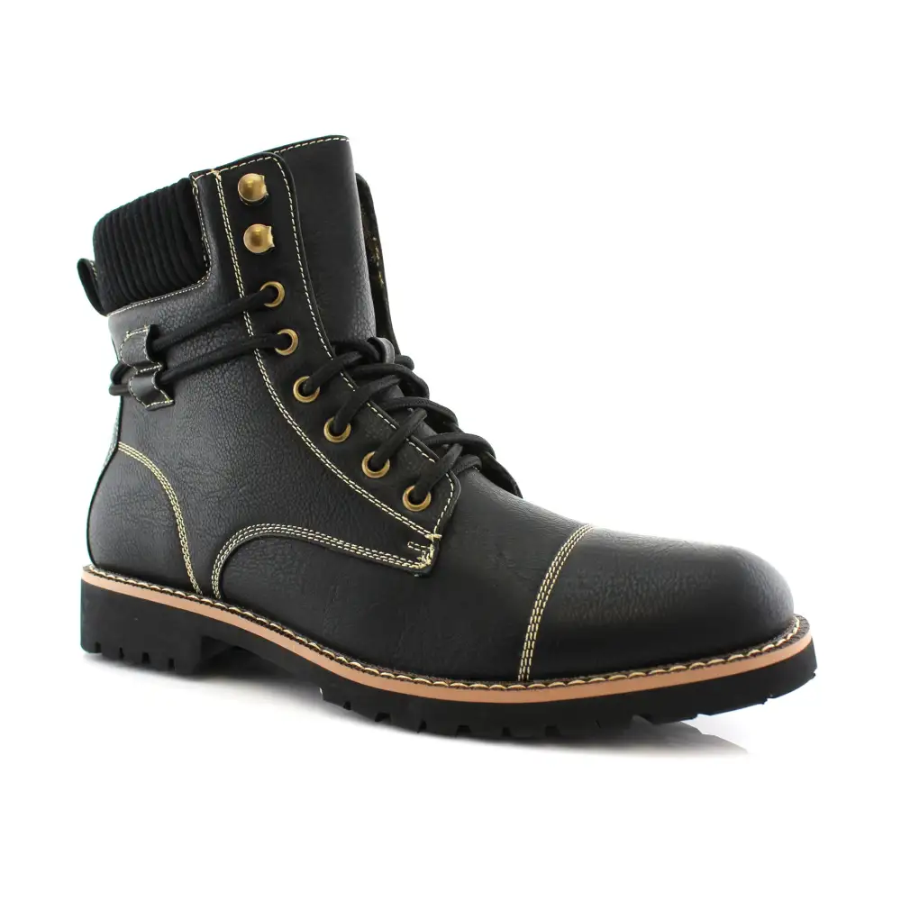 Faux-Leather Lace-Up Stitched Motorcycle Boots