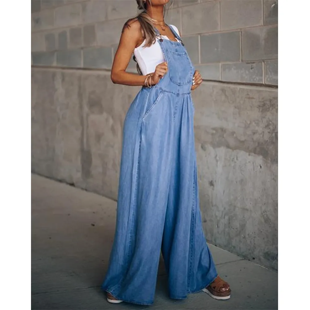 Women's Denim-Effect Print Plicated Wide Leg Overalls Jumpsuit