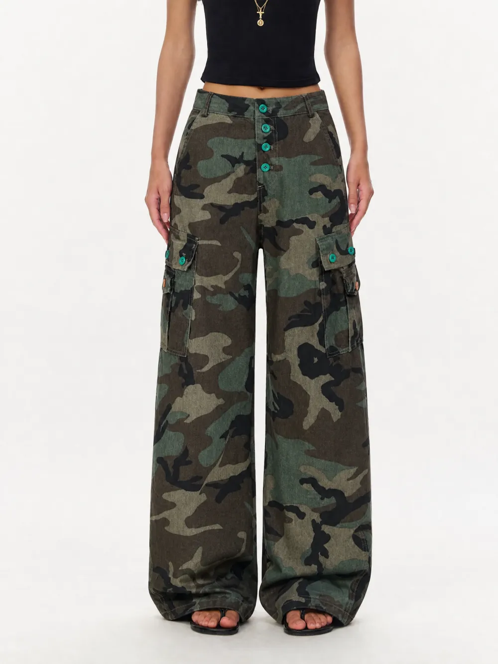 Curved-Cut Camouflage Contrast-Detail Utility Pants
