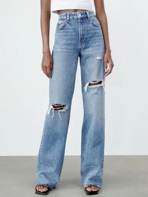High Waist Versatile Ripped Wide Leg Denim Jeans