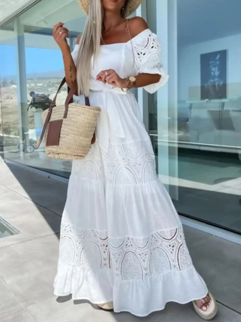Lace Tie Waist Ruffle Maxi Dress