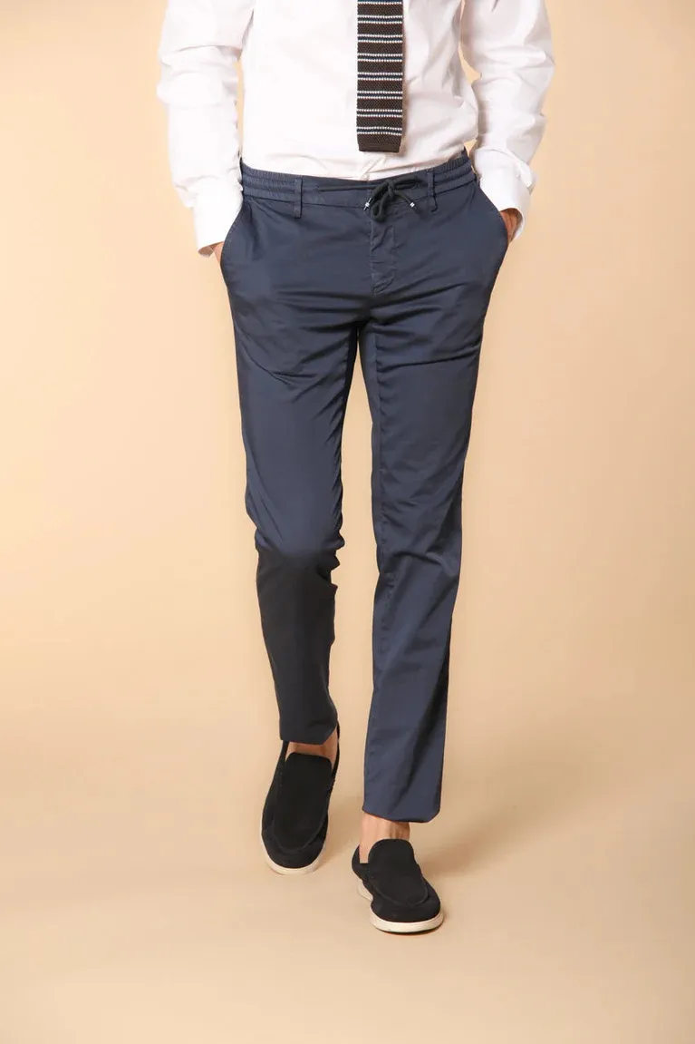 Men's  Navy Blue Twill Elastic Waist Slim Fit Trousers