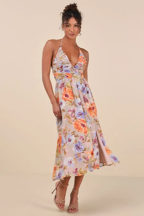 Danelle Yellow Floral Halter A-Line Midi Dress