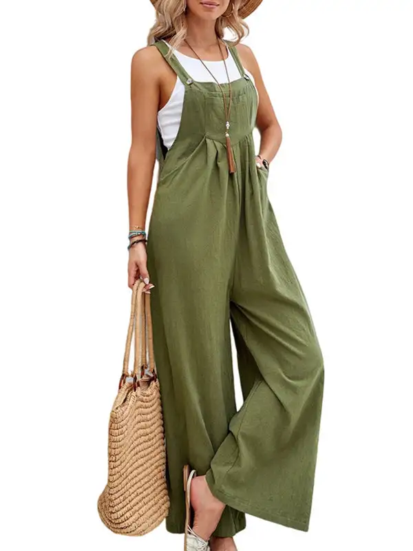 Loose Pleated Split-Joint Spaghetti-Neck Overalls