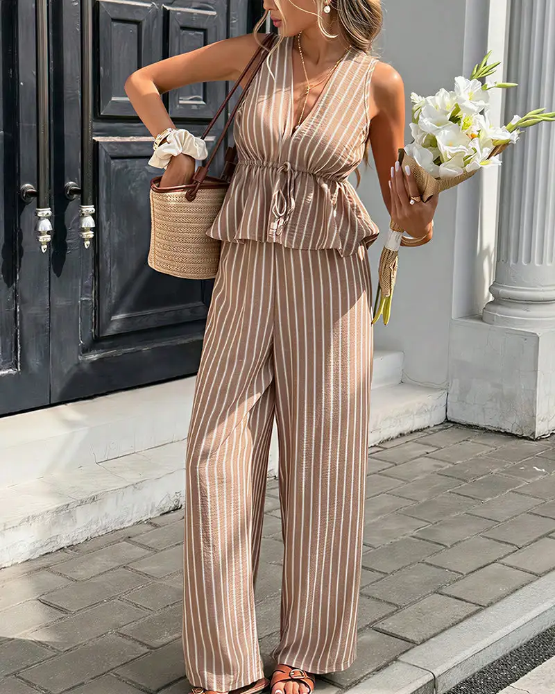 Striped V-Neck Peplum and Wide Leg Pants Two-Piece Set