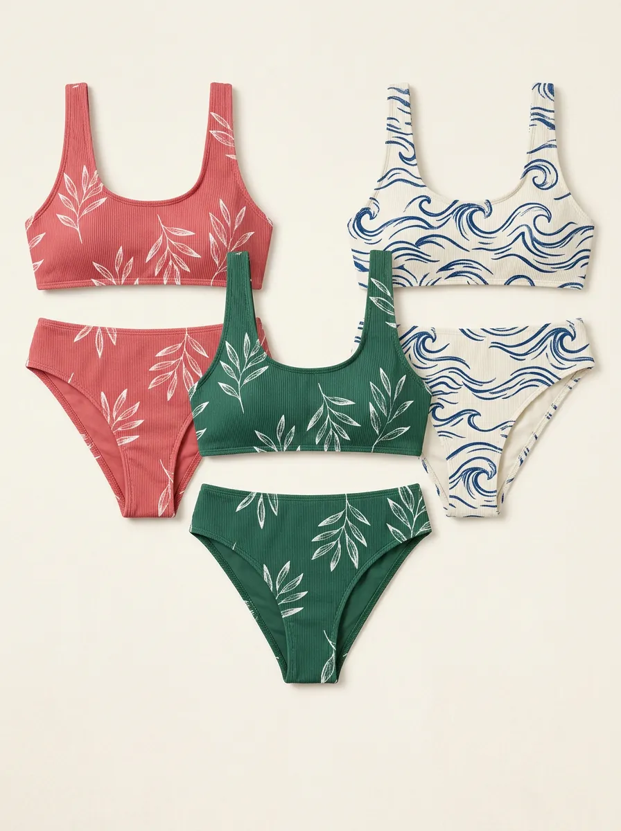 Women's Botanical Wave Nature Printed Three Piece Swimsuit Set