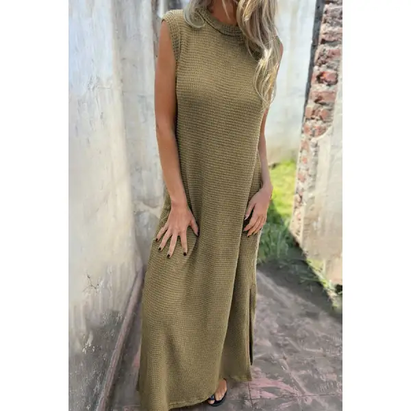 Waffle Knit Slit Sleeveless Maxi Dress