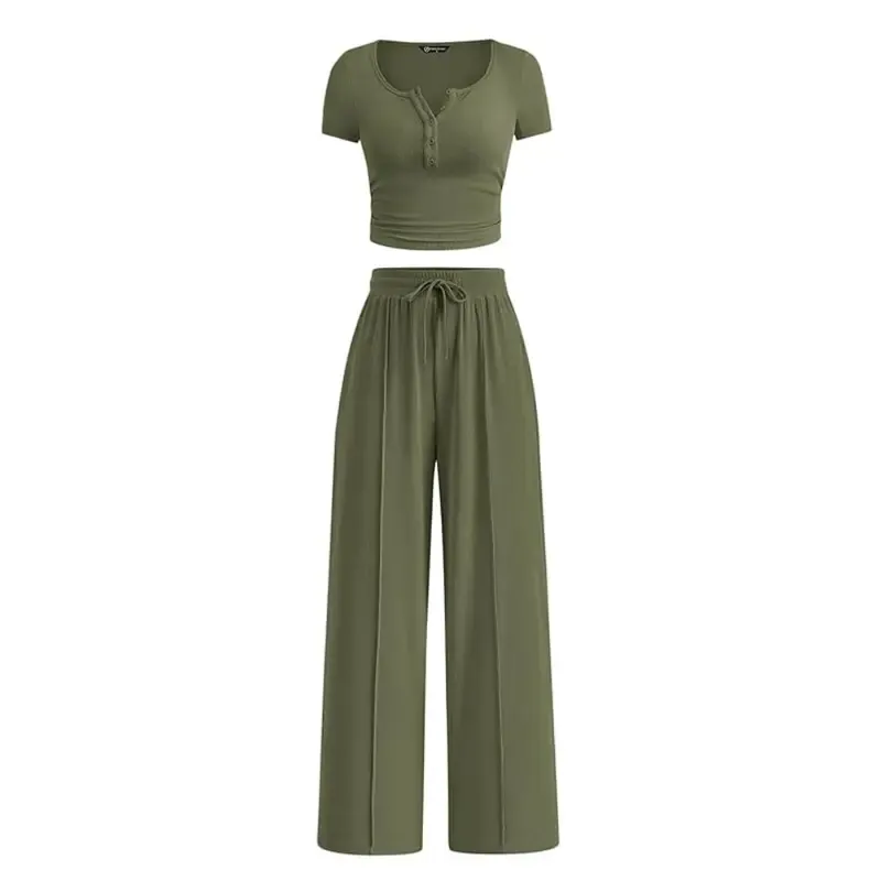 Women's two-piece summer ribbed knit button short-sleeve crop top and wide-leg pants