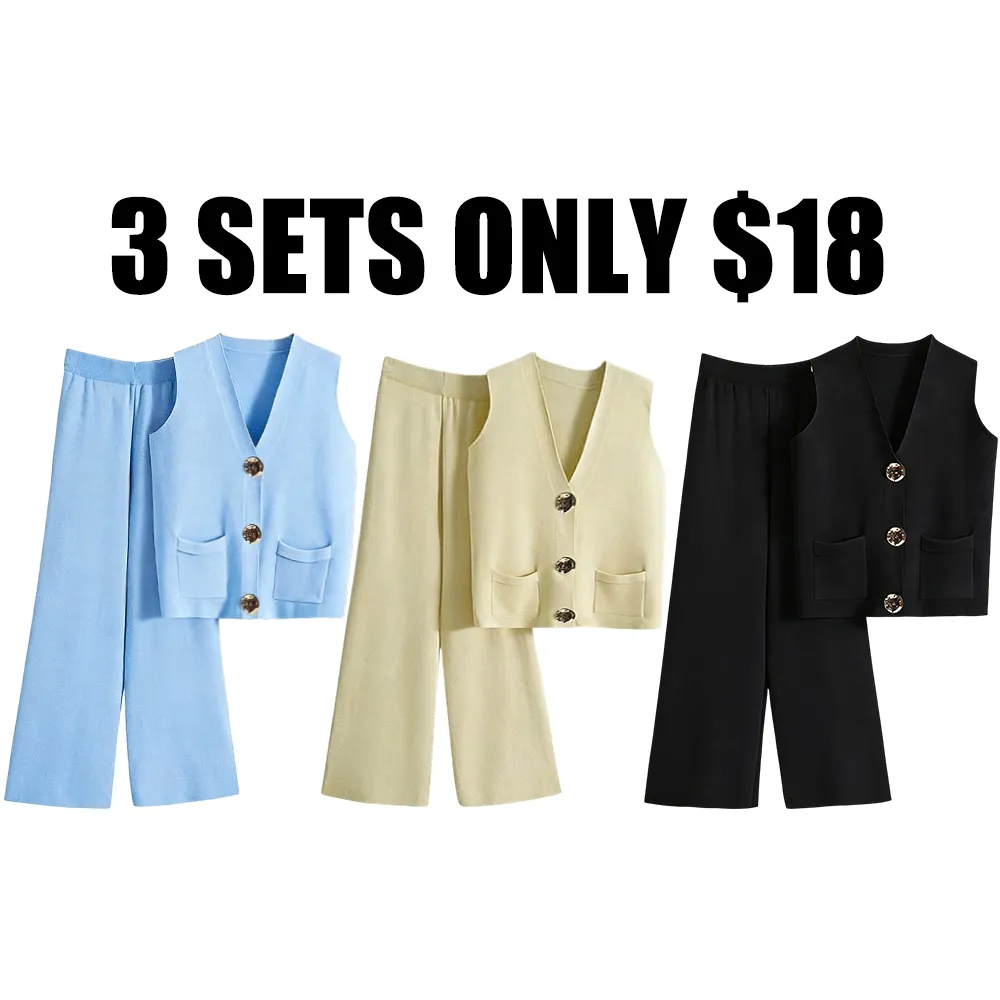 Women's Elegant V Neck Gold-Toned Button Decor Tank Top & Wide Leg Trousers Co-ord