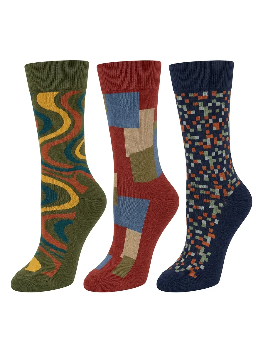 Men's Abstract Geometric Pattern Print Classic Crew Length Silhouette 3-Pack Socks