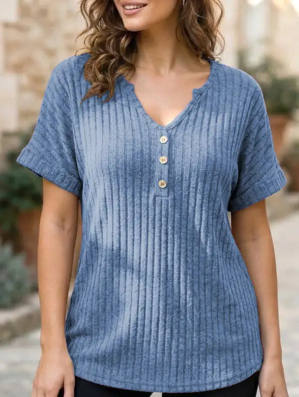V Neck Button Front Loose Ribbed Tee