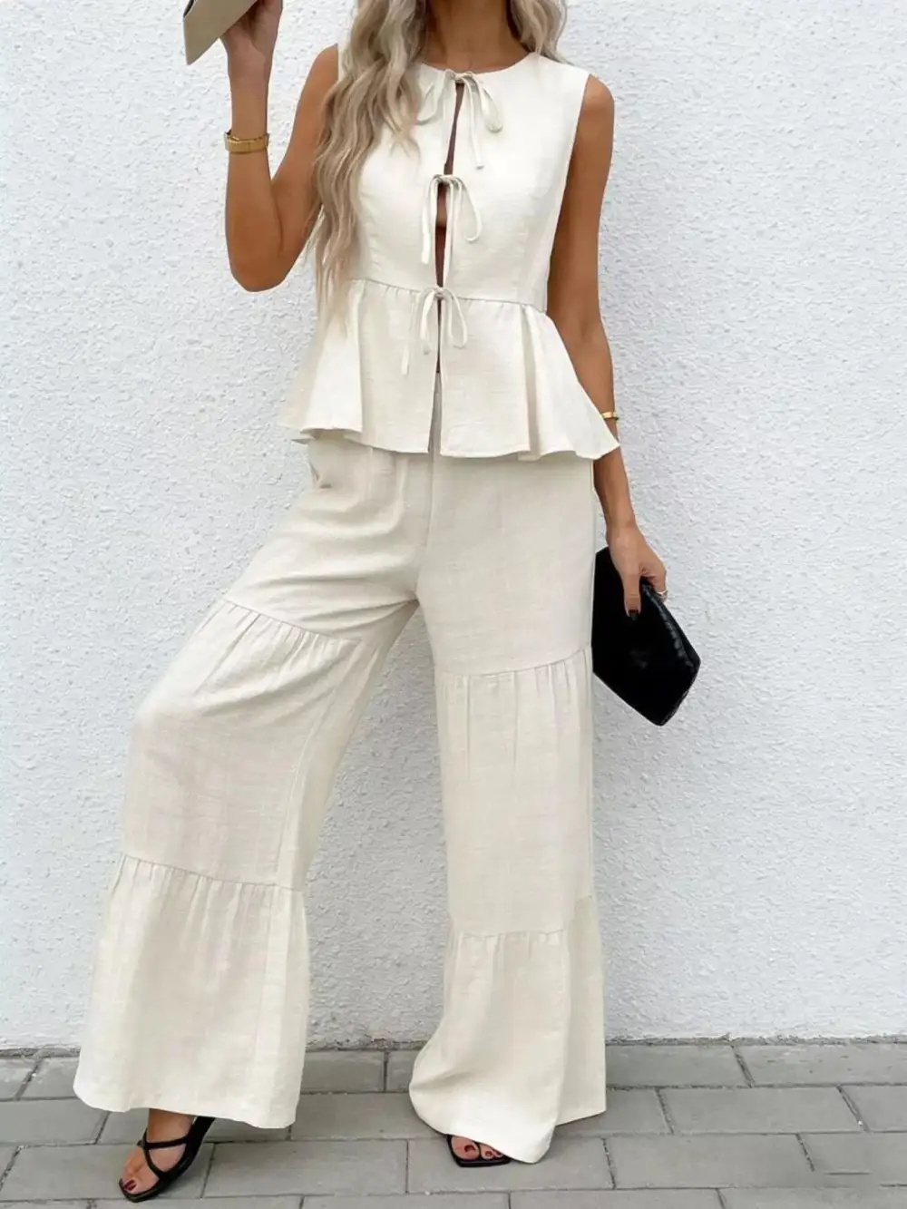 Sleeveless Tie Front Top and Wide Leg Pants Set