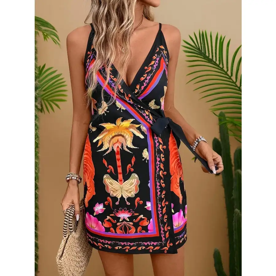 Print Spaghetti Strap Wrap Mini Dress