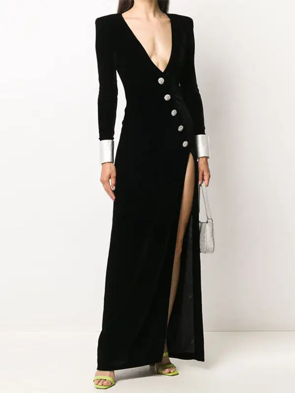Skinny Buttoned Long Neck Maxi Dress